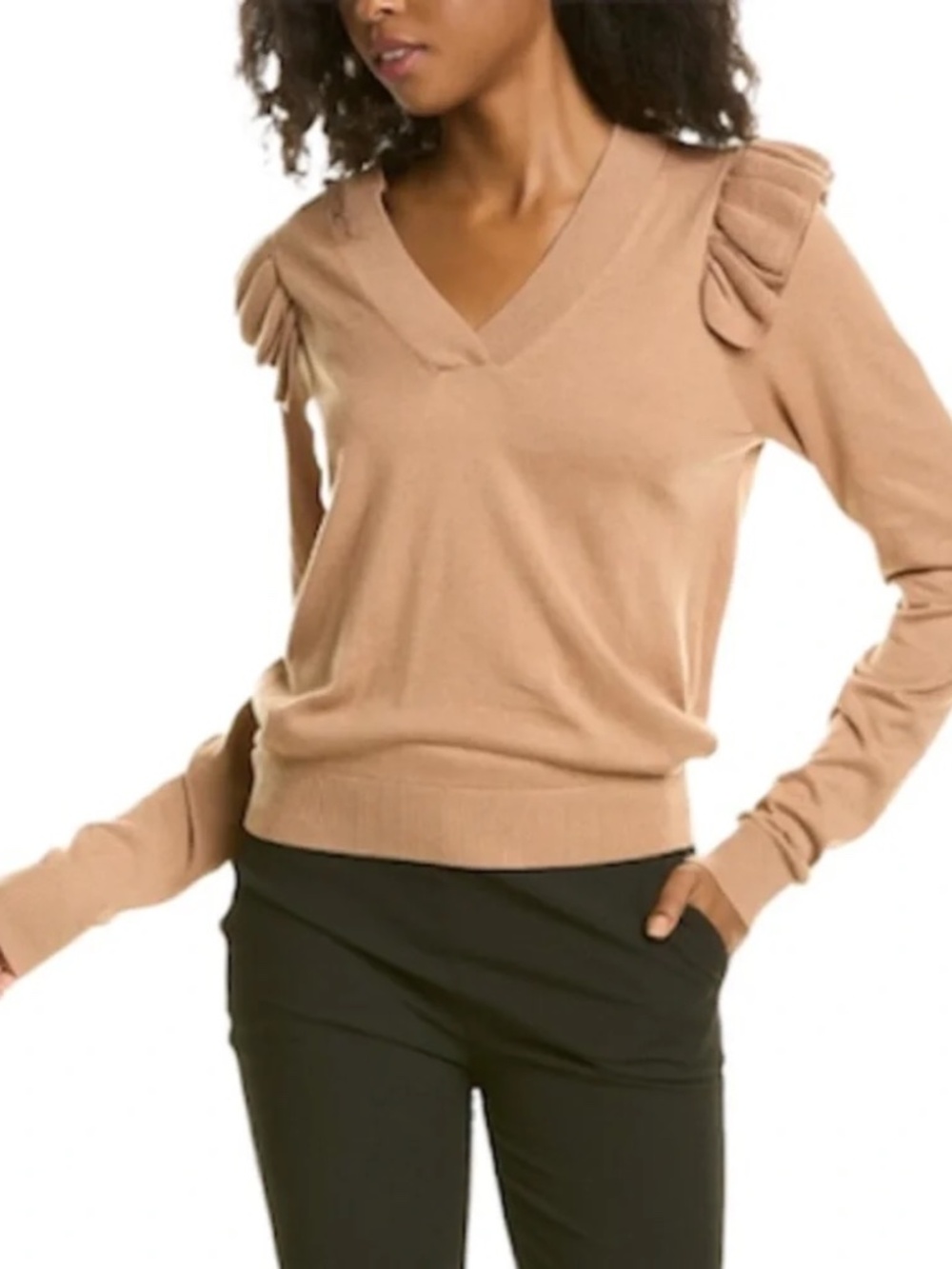 Brochu Walker Anaise Vee Ruffle Shoulder Pullover Sweater in Tan Size Medium